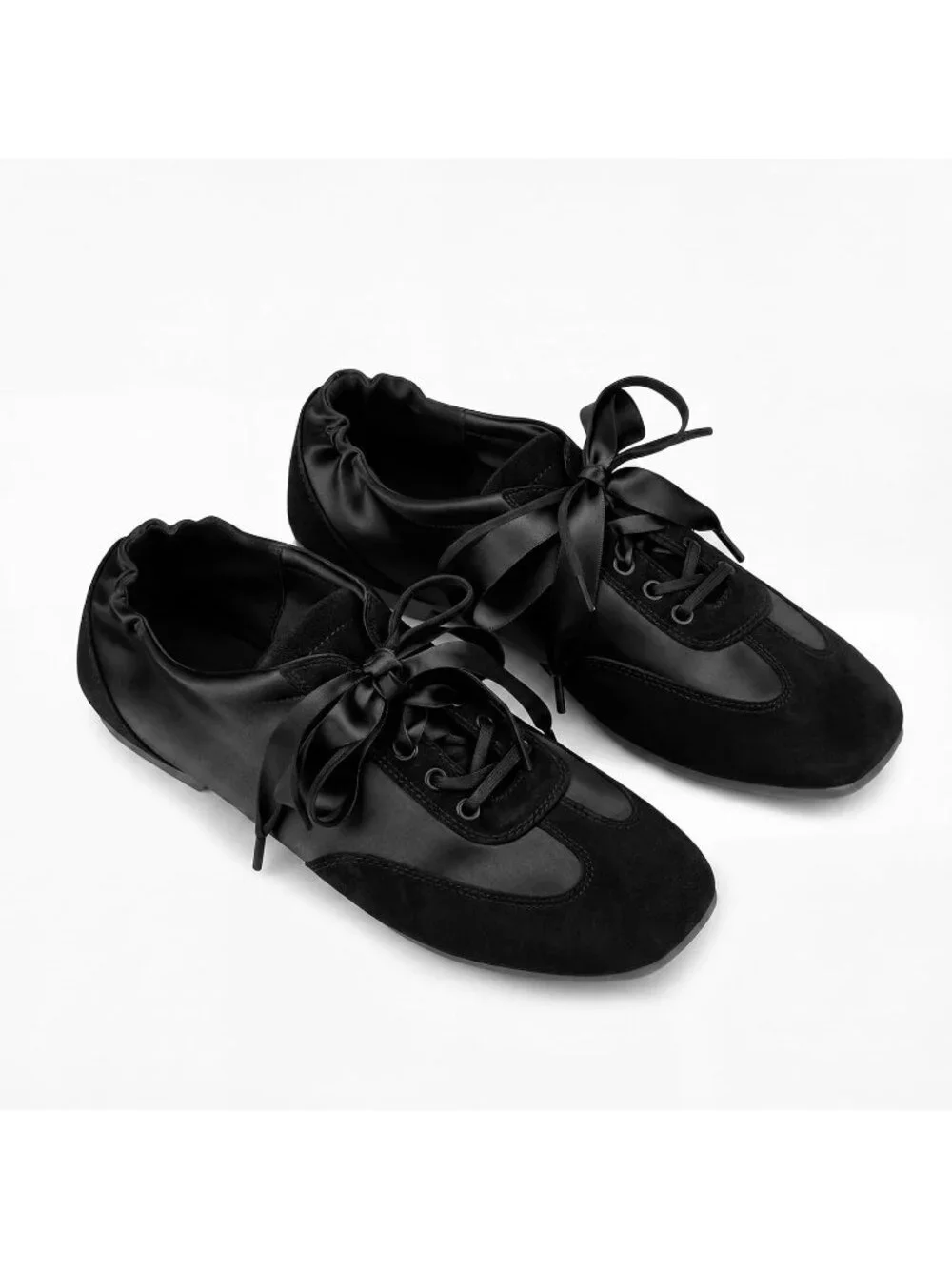 Women's Black Satin Lace Up Lightweight Slim Comfort Ballerina Flat Sneakers